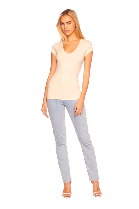 Susana Monaco - Essential V Neck Short Sleeve Tee in Blanched Almond