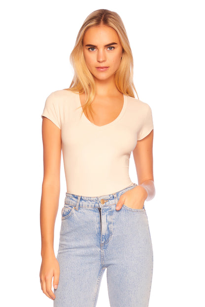 Susana Monaco - Essential V Neck Short Sleeve Tee in Blanched Almond
