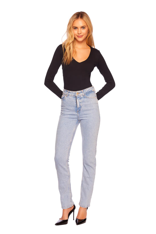 Essential V Neck Long Sleeve Tee in Black