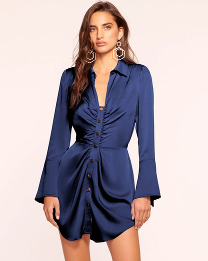 Katelyn Long Sleeve Ruched Mini Dress in Navy