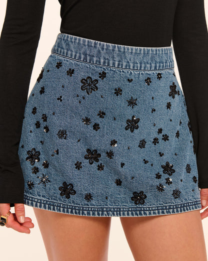 Sally Skirt in Floral Bead Denim